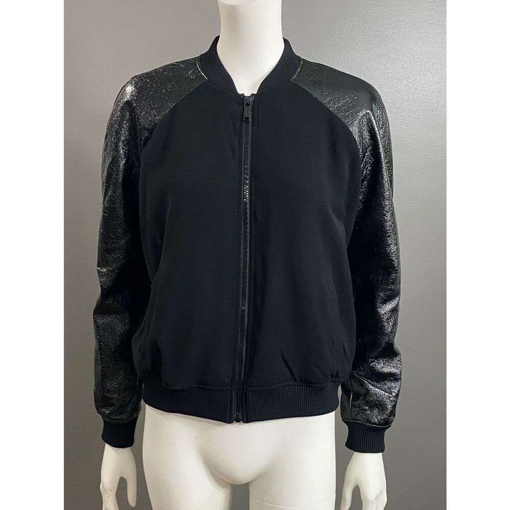 MICHAEL Michael Kors Black Bomber Jacket with textured Glossy Sleeves Size XS XP